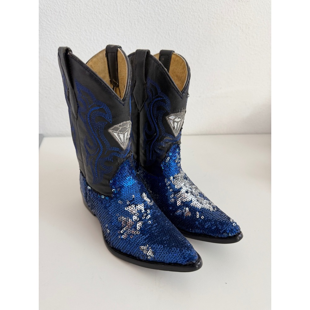 White Diamond Kids Blue Sequin Cowboy Boots Western Embroidered‎ Pointed Toe 17